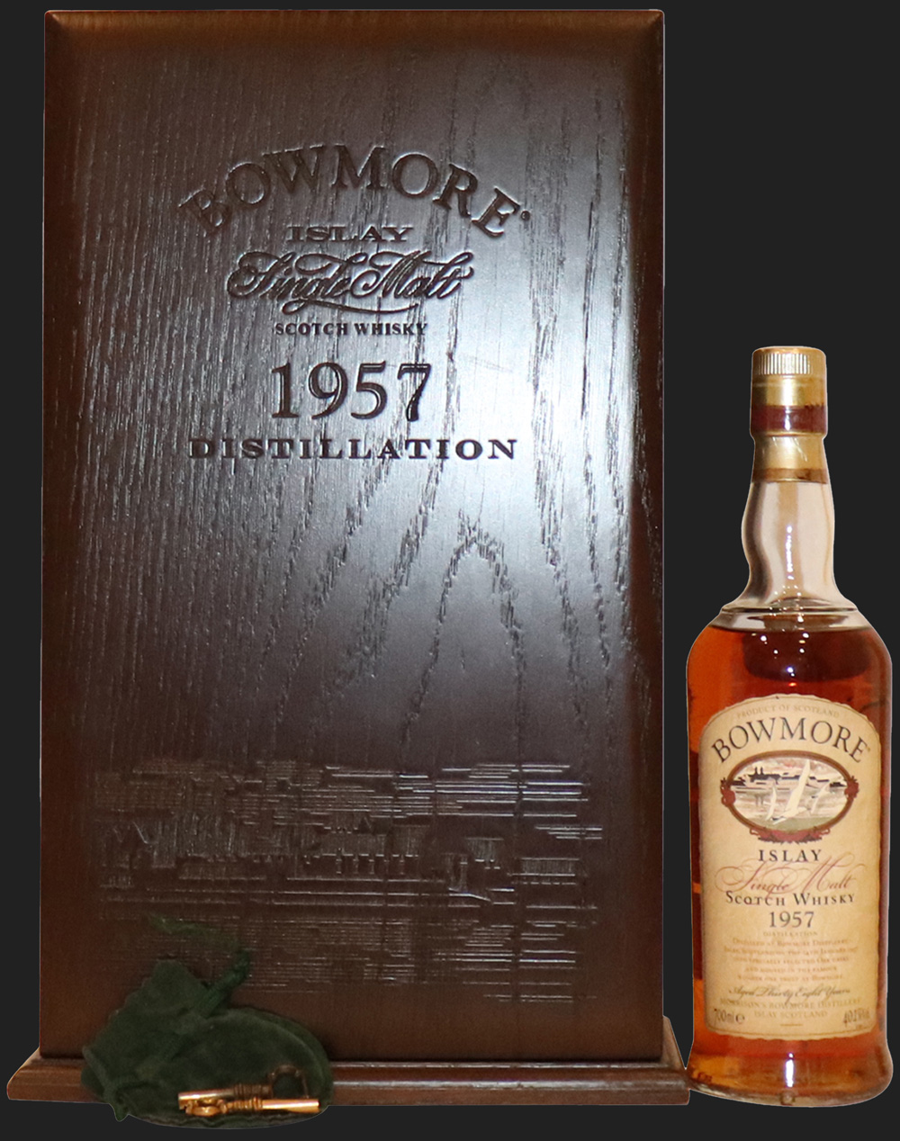 whiskey bottle with original wooden case. 1957 Bowmore Single Malt Scotch Whisky Islay.