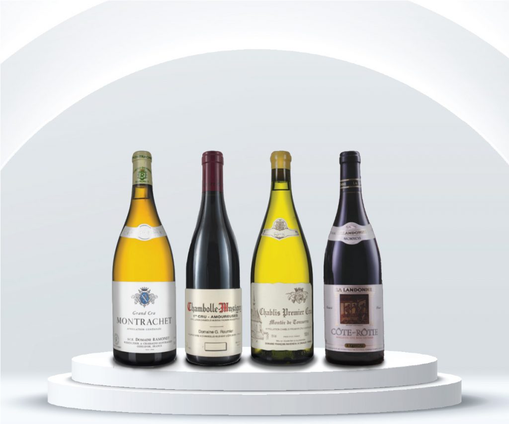 Bottles of Fine Rare Wine, Domaine Ramonet Chassagne Montrachet Rouge (3x1.5L), Domaine Roumier Chambolle Musigny (6x75cl), Domaine Raveneau Chablis Montee de Tonnerre (3x1.5L), Guigal Cote Rotie La Landonne (3x75cl)