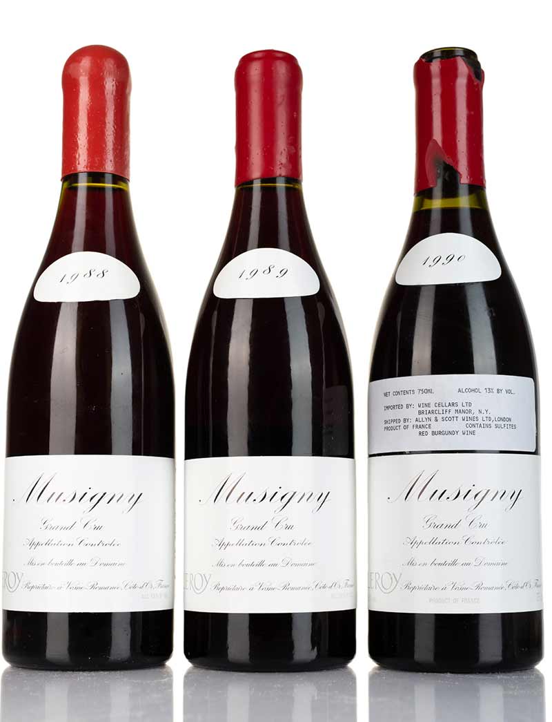Lots 956-958: 1 bottle each 1988, 1989 and 1990 Domaine Leroy Musigny
